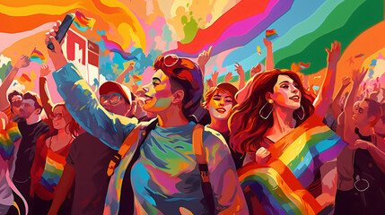 Young people celebrating gay pride outdoors style in watercolor painting