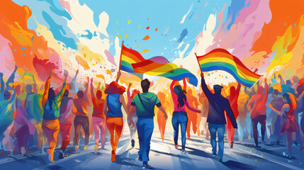 Fototapeta na wymiar Young people celebrating gay pride outdoors style in watercolor painting