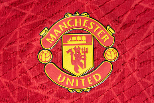 CHIANG MAI ,THAILAND - June 30, 2023 : New home Shirt English football club Manchester United emblem on jersey.