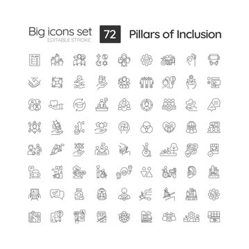 Pillars of inclusion linear icons set. Sustainable development. Social justice. Safe environment. Fair treatment. Customizable thin line symbols. Isolated vector outline illustrations. Editable stroke
