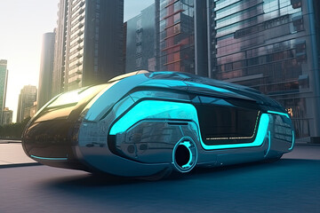 Fototapeta na wymiar Autonomous electric bus in smart city, metaverse or cyberpunk conpept.AI generated