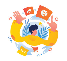 Vector colored cartoon illustration of male buying sport products online. Process of buying goods via Internet at big sales. Electronic commerce and digital environment