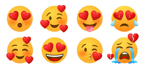 Emoticon and emoji with heart vector faces set. Emoticons of red heart with in love, broken, kissing, surprise and funny cute expression isolated in white background. Vector illustration 10 eps.