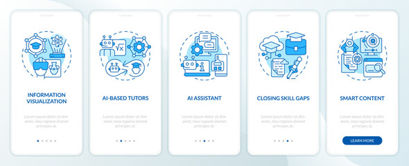 5 steps blue icons representing AI in education, graphic instructions with linear concepts, app screen.