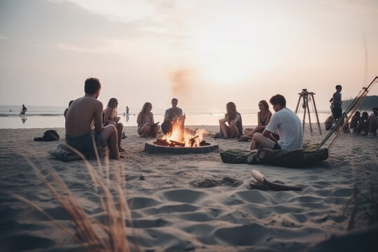 Blurred Group of young friends sitting by the fire at summer beach, grilling sausages and drinking tea, talking. Blurred friends have fun on the beach. Summer vacations, lifestyle concept