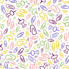 
Seamless pattern with colorful paper clips and pins on a white background