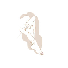 Beautiful woman legs one line art in beige color, continuous line drawing, body care, pedicure, beauty salon, spa. Fashion abstract isolated vector illustration. Print and logo design.
