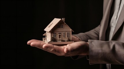 a person holding a model of a house, in the style of light beige