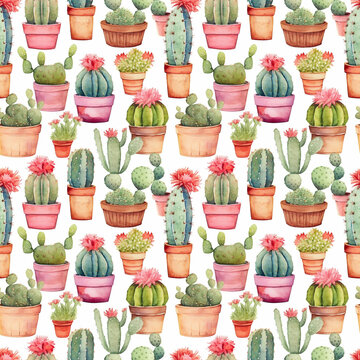 Watercolor seamless pattern with cacti and flowers. Flowers pots with cacti on white background. For wrapping paper, textile, wallpapers, postcards, greeting cards. AI