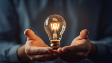 businessman holds a light bulb, the power of innovation and creativity. intelligence thinking and learning generates ideas and develops a visionary plan. achievement and inspiration to the future.