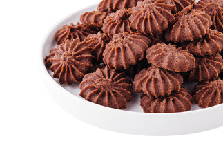 Stack of chocolate chip cookies on plate isolated