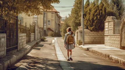 Pupil walking home or to school with backpack. Generated AI.