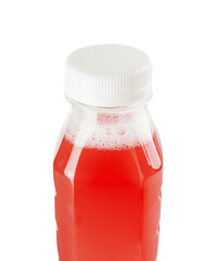 plastic bottle with red juice on a white