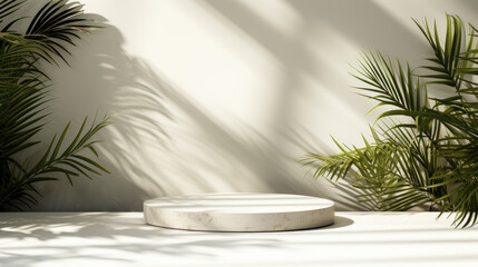 For premium hygienic organic cosmetic, skincare & beauty treatment product background, minimal white counter podium with soft gorgeous dappled sunshine and tropical palm foliage leaf shadow on wall