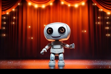 Cute actor robot rehearsing on stage - obrazy, fototapety, plakaty