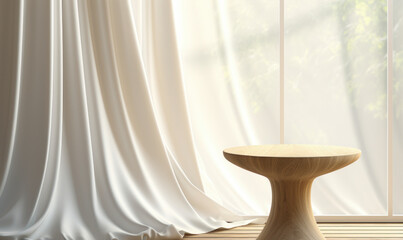 Empty round wooden podium with soft white curtains and sunlight for cosmetic display