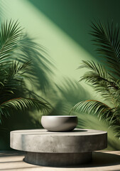 Tropical palm tree in sunshine on a dark green wall in a minimalistic, modern setting for a premium organic cosmetic, skin care, or beauty treatment product display in three dimensions. 