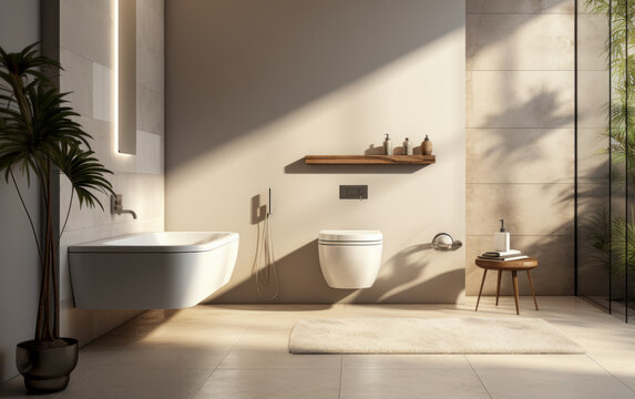Contemporary upscale wall-mounted toilet with a closed seat, dual flush, ribbed glass partition, bidet, tissue paper holder, and a white bathtub on a granite tile floor, all illuminated by sunlight