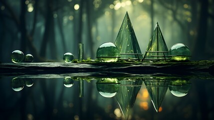 A photo manipulation artwork that blends a photograph of a y green lime green shaded abstract geometrical objects in a wonderful landscape with a dreamy, ethereal filter. (Generative AI) - obrazy, fototapety, plakaty