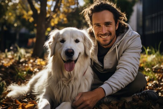 Happy Young Family With Son And Daughter And A Noble White Golden Retriever Dog Sits On Their Front Lawn At Home. A Cheerful Man Looking At The Camera And Smiling