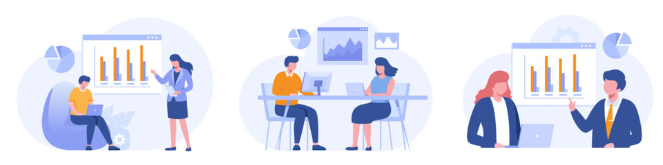 People makes a presentation of a project by showing charts on a flipchart and showing a laptop. Brainstorming. Flat vector illustration of business presentation concept.