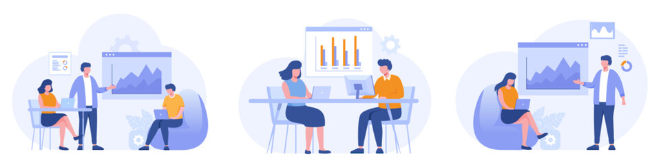 People makes a presentation of a project by showing charts on a flipchart and showing a laptop. Brainstorming. Flat vector illustration of business presentation concept.