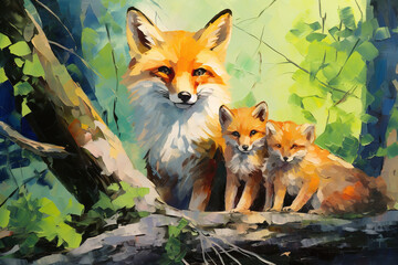 Beautiful painting of a family of foxs resting under the trees in the forest. Wildlife Animals. Illustration, Generative AI.