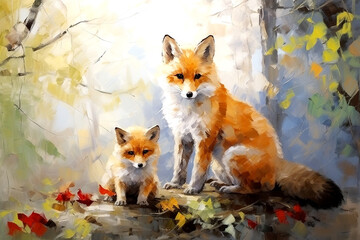 Fototapeta premium Beautiful painting of a family of foxs resting under the trees in the forest. Wildlife Animals. Illustration, Generative AI.