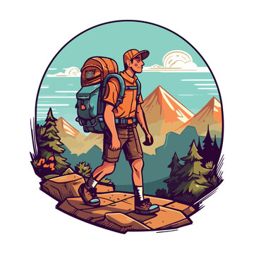 Man hiking mountain trail with backpacks © Gstudio