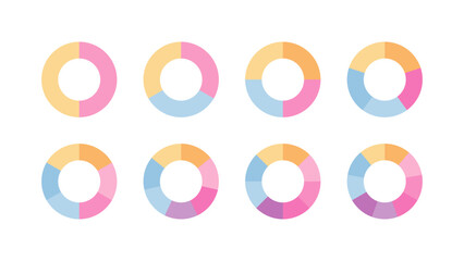 Colored pie diagram. Circular section graph. Circle chart divided into pieces. Set of segments. Round scheme with sectors. Colorful structure with 2, 4, 6 elements. Vector illustration