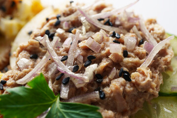 Toast with tuna macro, tasty and healthy toast with tuna, eggs and vegetables