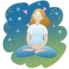 Young pregnant woman meditates sitting on grass among plants in lotus position, gently hugging her belly with her hands.