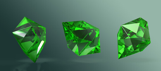 Precious emerald stones, shiny green crystals, sapphire minerals isolated on background 3d render icons. Realistic set of glass gemstones different shapes, jewel rocks, natural gems. 3D illustration