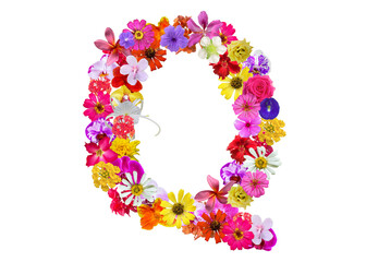 Q shape made of various kinds of flowers petals isolated on transparent background, PNG
