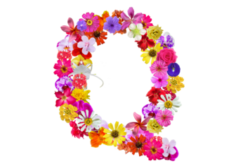 Q shape made of various kinds of flowers petals isolated on transparent background, PNG