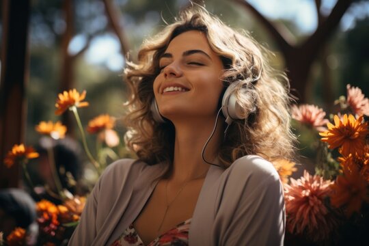 young woman enjoying music or podcast in the park Gathering relaxation and happiness A serene scene of leisure activity that expresses positive feelings.