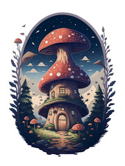 a big magical mushroom house in darky night for design or t shirt