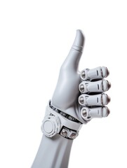 Robot hand with a thumb up emoji, white background