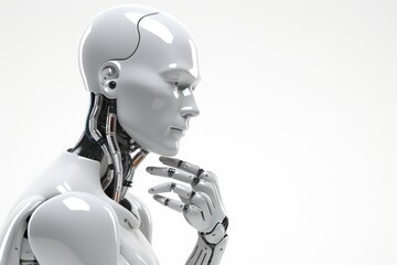 3d rendering humanoid robot thinking on white background - obrazy, fototapety, plakaty