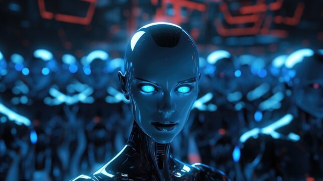 Photo of a white futuristic many human - robots 