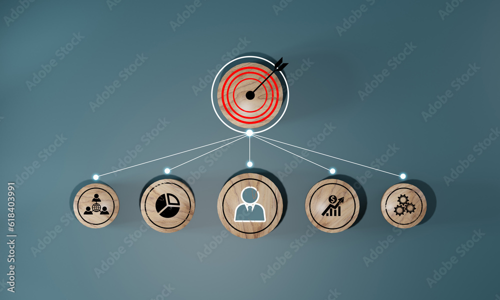 Wall mural woods block step on table with icon action plan, goal and target, success and business target concep