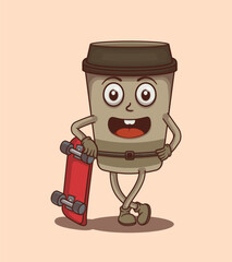 Cute and kawaii coffee cup leaning casually on a skateboard vector illustration