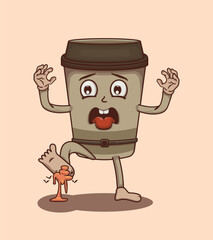 Cute and kawaii coffee cup stepping on poop vector illustration