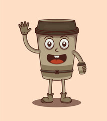 Cute coffee cup and kawaii waving hand holding coffee and with vector illustration
