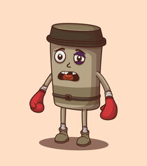 Cute coffee cup and kawaii puffy eyes fighting fists vector illustration
