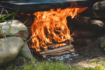 Dry wood crackles under the high temperature and the flames whip up to the height to heat the...