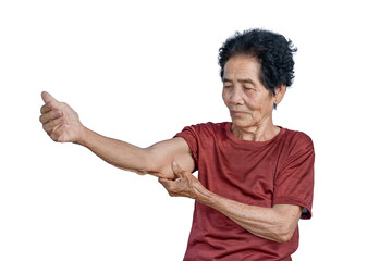 An old Asian woman holding her arm showed wrinkles on her upper arm. Wrinkles, sagging, sagging,...