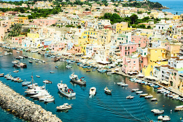 Procida bellisima island in Italy with colorful houses tourist destination where to go in vacancy....