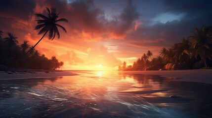 Fototapeta na wymiar A dramatic sunset over a serene beach, inspiring relaxation and wanderlust | generative ai