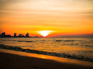 Sunset Sea Gold Sky on Water Landscape Background,Sunrise Summer Ocean Dramatic Seascape at Coast,Amazing Horizon on Orange Beach Sand Shore Calm